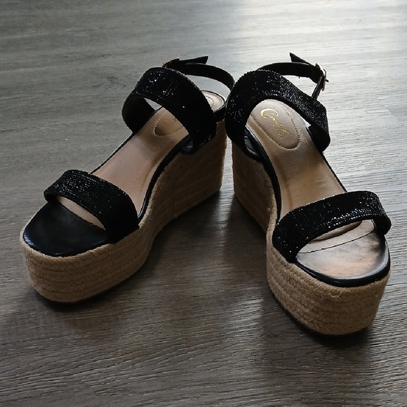 C Est. 1946 Shoes - Comfort Est 1945 Black Jeweled Strap Espadrille Wedge Sandals  Sz  8M NWT